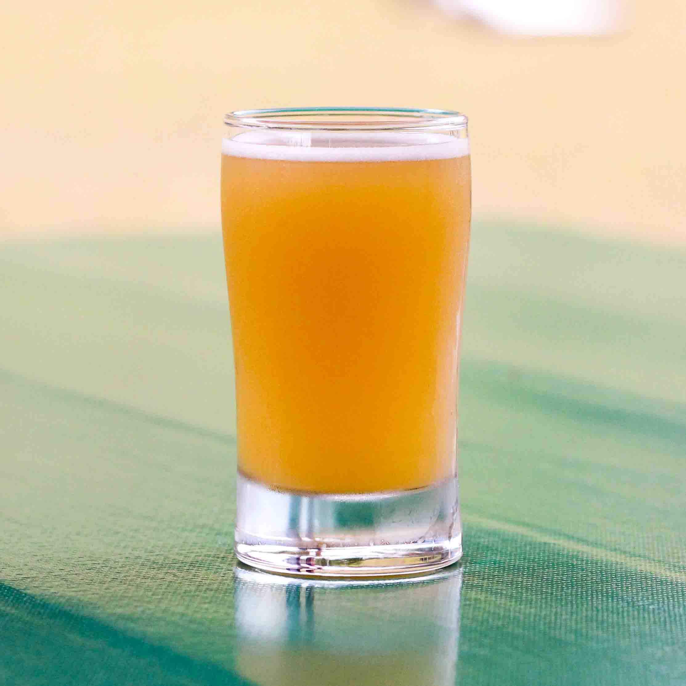 small glass of beer sitting on a picnic table